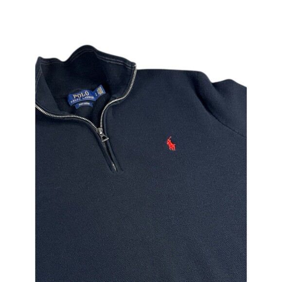 Polo Ralph Lauren 1/4 Zip Sweater Size L Pima Cotton Collared Black Red  Pony - Picture 1 of 10